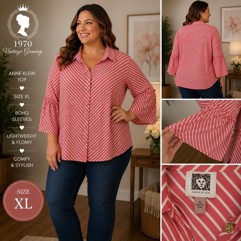 Anne Klein Striped Boho Top Mauve Pink Gold Lion Buttons Bell Sleeve XL